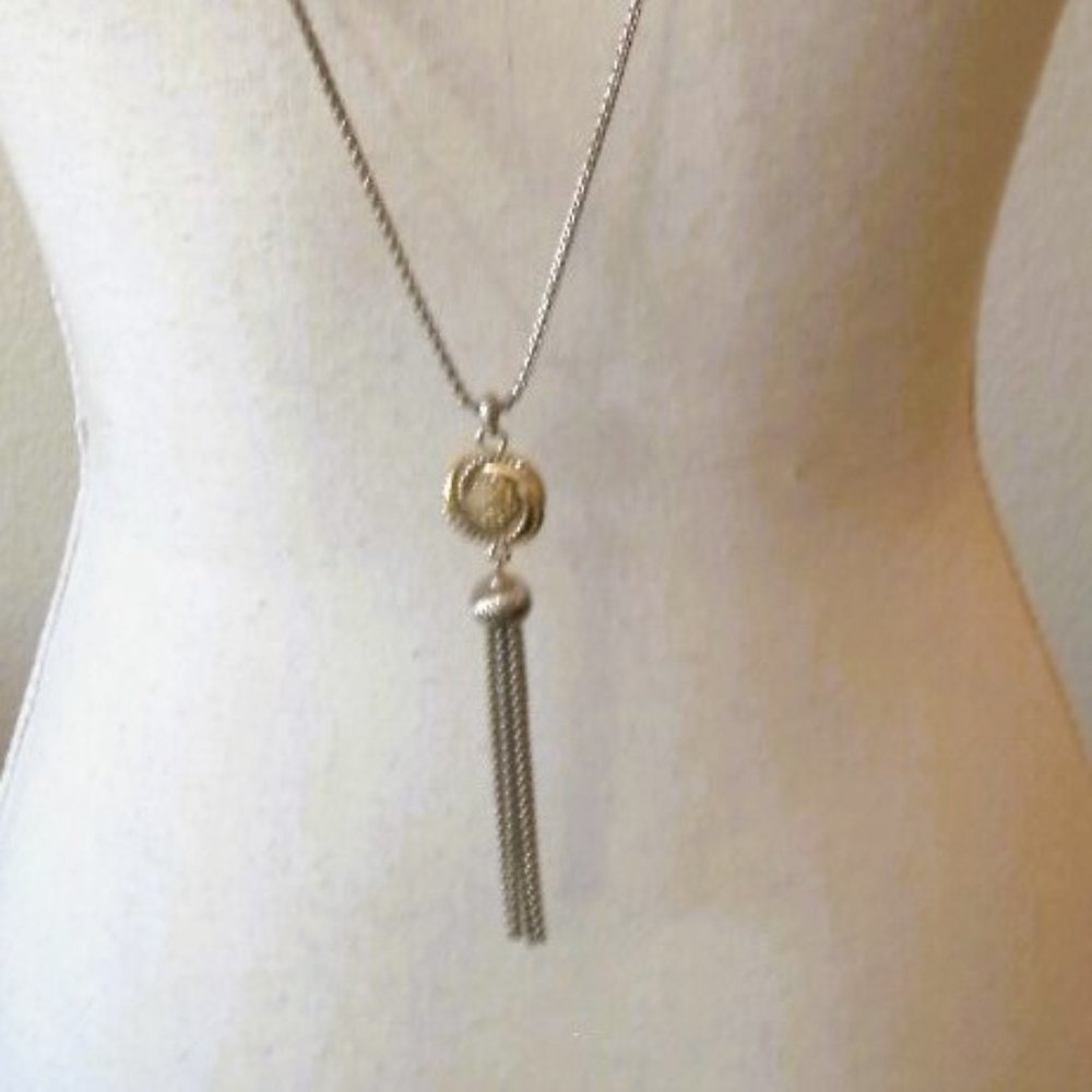 36" Silver and Goldtone Cubic Zirconia Knot Necklace  Metal Silver Tone Tassel